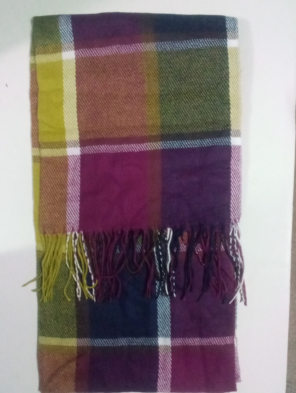 Multicolor Plaid Fringe Scarf - Vibrant Purple & Olive New NWOT 41" Long